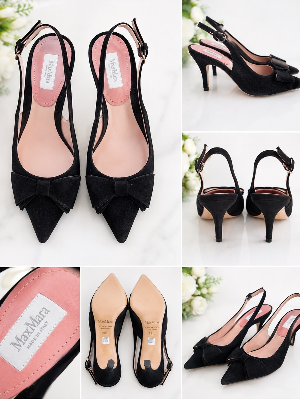 MaxMara Black Pointed Slingback Heels with Pink Insole and Bow